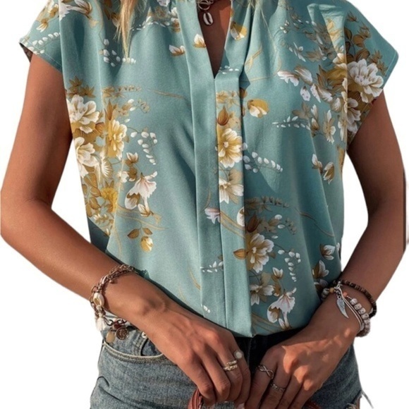 Shein Floral Printed Notched Neck Blouse Cadet Blue Medium - Picture 9 of 10